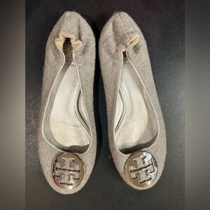 Tory Burch Heather Gray Felt Logo Ballet Flats with Silver Medallion